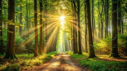 Obraz premium Serene woodland path with sunlight streaming through dense trees