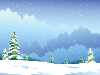 Snowy Hill Landscape with Snowflakes Falls from the Blue Sky