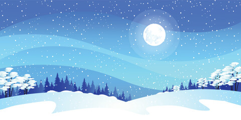Snowy Night with Moonlight and Pines Forest Along the Downhill Winter Landscape