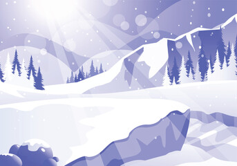 Cliff and riverside landscape view during winter with sunlight and snowfall. Nature scenery of frozen river and snowy hills vector illustration.