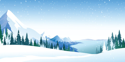 The serene view of a picturesque mountain range and a tranquil lake from atop a snow-covered hill with snowflakes gently falling around. Winter snowy landscape.