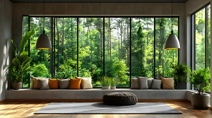 Fototapeta premium 3D Rendering of a Modern Living Room with Large Windows and a View of the Forest