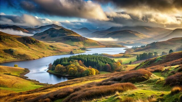 Rugged Scottish landscape with rolling hills and misty loch