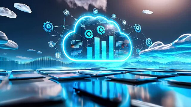 A blue glowing cloud with a bar graph and gears, representing a data center or cloud computing, against a background of clouds.