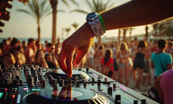 A DJ performing at a beach party with palm trees and a crowd enjoying the music.