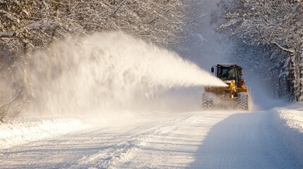 A snowplow clears a snowy road surrounded by trees, ensuring safe travel in winter conditions.