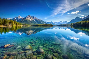 Naklejka premium Serenity in nature with crystal clear lake and mountain reflections under majestic blue sky