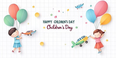 Children's Day postcard with flying balloons bunch and gift box on blue sky background.