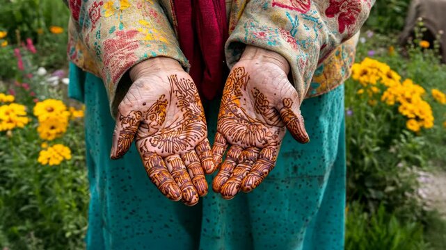 A woman shows off her intricate henna designs in a garden with yellow flowers