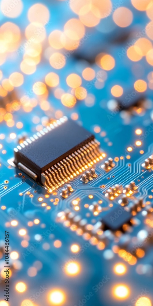 Poster Close-Up Image of Circuit Board with Glowing Components in Technological Background