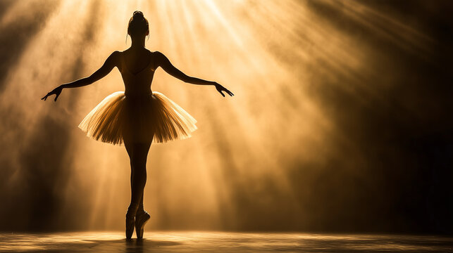 Silhouette of a ballerina in a classical ballet costume on stage, illuminated by soft golden rays of light, creating an atmosphere of art and grace