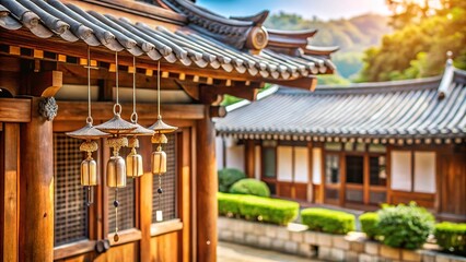 Obraz premium Serenity of traditional Korean Hanok home enhanced by wind chimes close-up