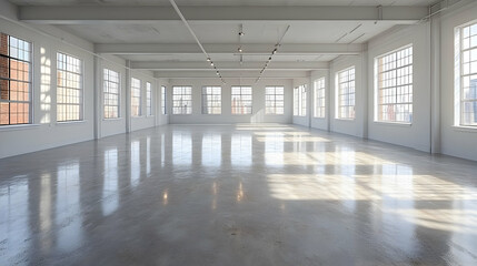 Empty Modern Loft Interior with Large Windows and Concrete Floor - 3D Rendering