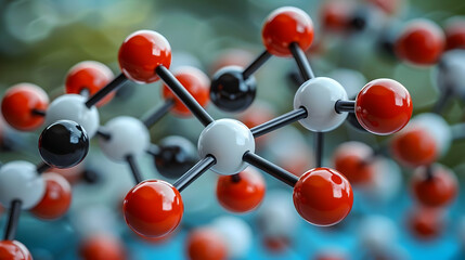 3D Molecular Structure Illustration with Red, White, and Black Spheres Connected by Black Rods