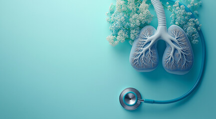 Mockup of human lungs in light blue color, flowers and a phonendoscope on a light blue background with space for text, created with Generative AI technology