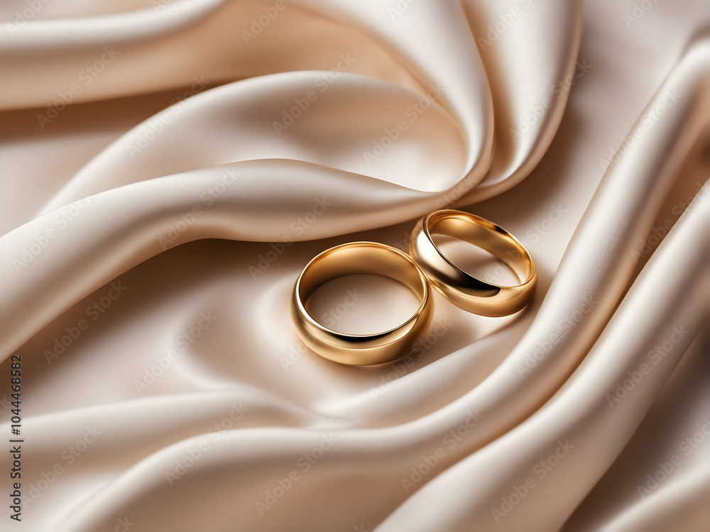 Wall mural two gold classic wedding rings lie on a chic satin fabric with soft pleats. wedding background. layo