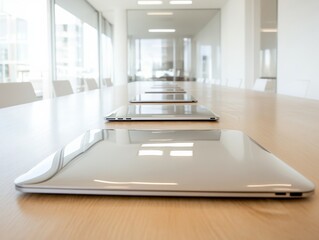 Modern Business Conference Room with Shiny Metallic Laptops on Long Wooden Table in Bright Corporate Office