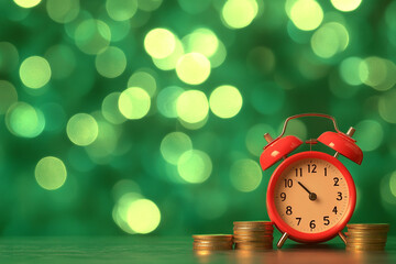 Time is Money, Red Alarm Clock with Coin Stacks on a Green Bokeh Background