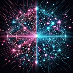 Fototapeta premium Abstract Neural Network Visualization: Interconnected Nodes and Lines Representing Artificial Intelligence, Neural Pathways, Deep Learning, and Data Flow in a High-Tech Design