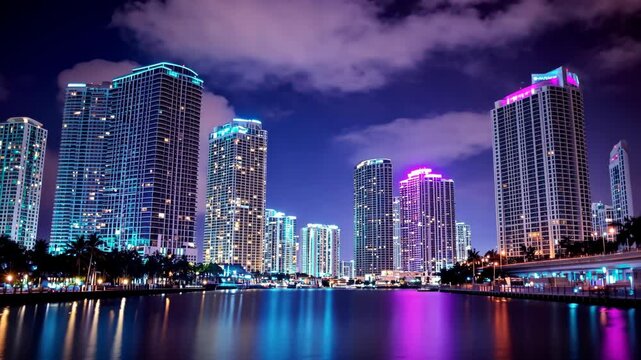 A view of Miami's skyline at night, with tall buildings illuminated against a dark sky