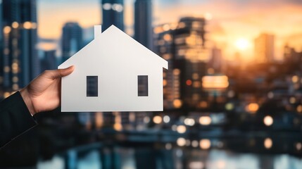 Hand holding white paper house on city ​​buildings background and Property Investment