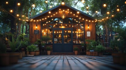 Cozy outdoor venue adorned with string lights and plants.