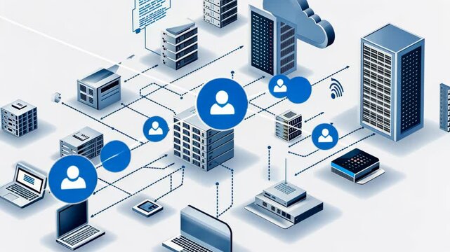 A network of servers and devices connected to the cloud, showing how data is shared and accessed by multiple users