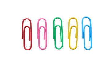 Multicolored paper clips on white background with clipping path. Office paper clip.