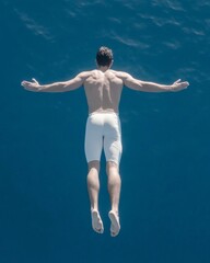 Obraz premium Athletic Man Mid-Dive in Tranquil Blue Water Captured from Above in Minimalist Aesthetic