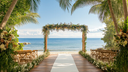 Obraz premium A beachfront wedding venue, with an aisle leading to the ocean and a floral arch under the sun