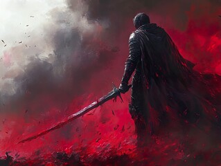 Dark Knight Standing in a Blood-Red Landscape