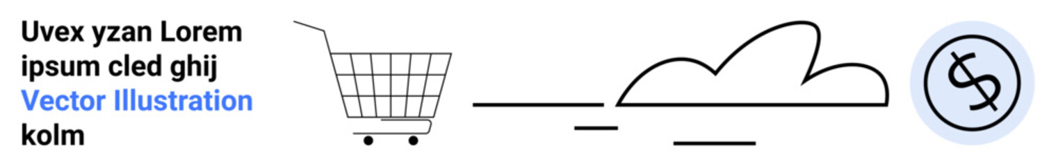 Shopping cart next to a cloud and a currency symbol. Ideal for e-commerce, cloud computing, financial services, tech startups, online business. Banner for landing page