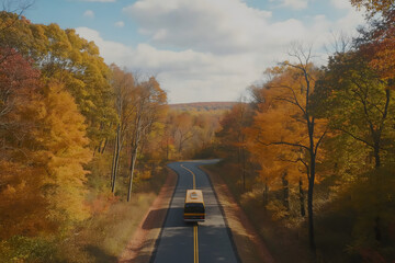 Aerial shot of shuttle bus vehicle driving along the road through wooded landscape in autumn