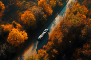 Aerial shot of shuttle bus vehicle driving along the road through wooded landscape in autumn