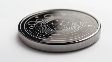 sleek quantum coin, showcasing its detailed engravings and luminous finish,