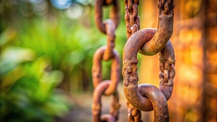 Rusty iron chain hanging on holder against natural background