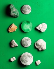 Celestial Patterns with Moon Phases and Stone Textures on Green Background