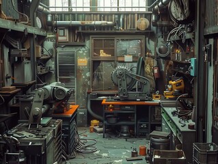 A bending machine in a compact, crowded workshop