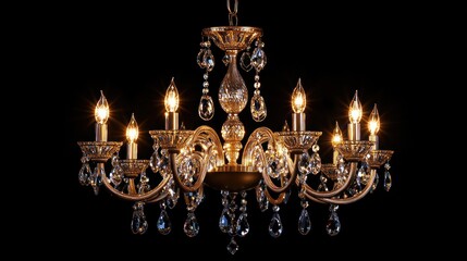 Elegant chandelier with crystal accents illuminating a dark background.