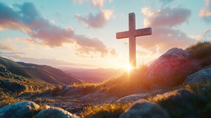 Obraz premium A serene landscape featuring a cross at sunset, symbolizing faith and reflection.
