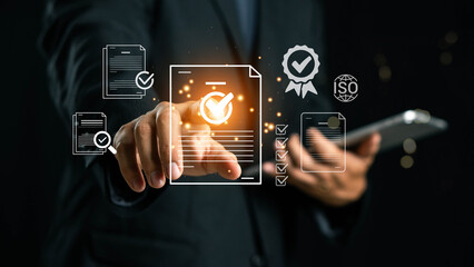 ISO standards quality control, assurance and warranty business technology concept. Touching on screen with ISO and globe icons on smart background. ISO Standard certification. Modern ISO banner.