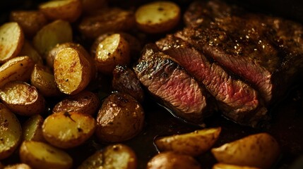 Obraz premium Closeup of Seared Steak and Roasted Potatoes