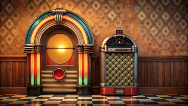 Vintage vinyl record store with classic jukebox border showcasing audio products , music, retro, vinyl, records, store