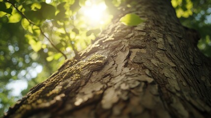 Obraz premium A close-up view of a tree trunk with sunlight filtering through the leaves.