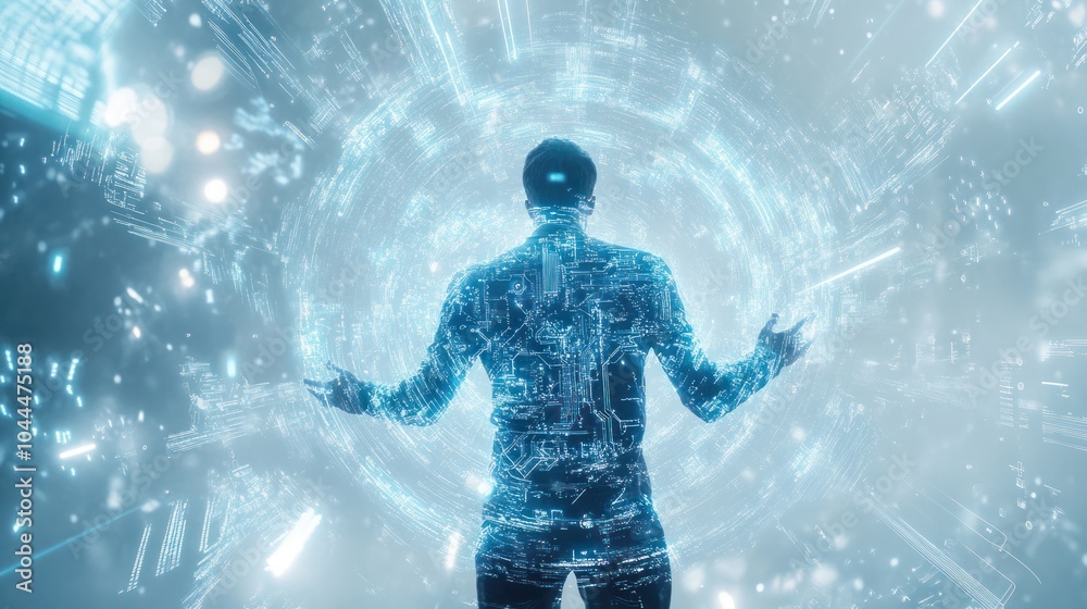 Poster futuristic quantum engineer analyzing complex data patterns on a holographic interface
