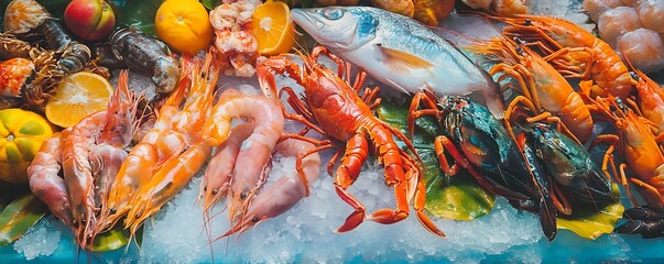 the vibrant display of fresh fish shrimp, Generative AI