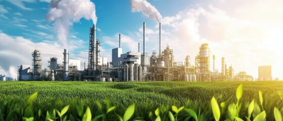 A vibrant industrial landscape showcasing a factory against a clear blue sky and green fields, symbolizing the intersection of nature and industry.