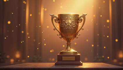 Gold trophy illuminated by warm light in a majestic celebratory setting