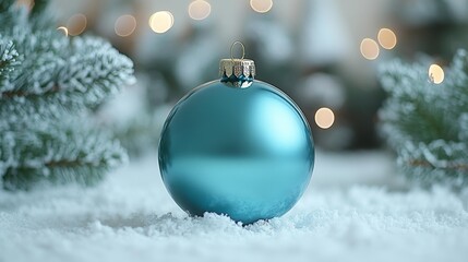 Teal Christmas ball ornament mockup on snowy background with blurred festive lights perfect for holiday decoration branding and product design. High-quality and reflective surface.. Generative AI