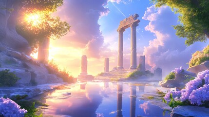 Obraz premium Magical sunrise over ancient ruins with a serene lake and blooming flowers.
